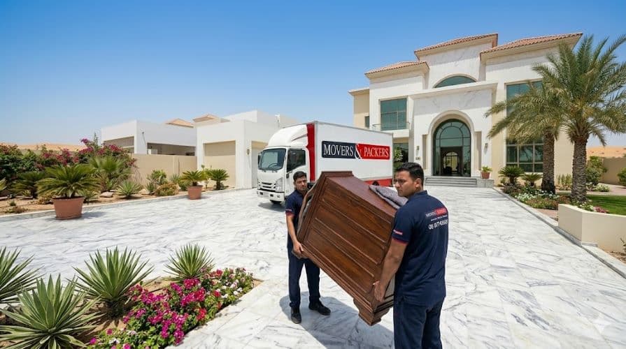 Professional villa movers in Dubai with enclosed truck, moving furniture up driveway with company branding visible