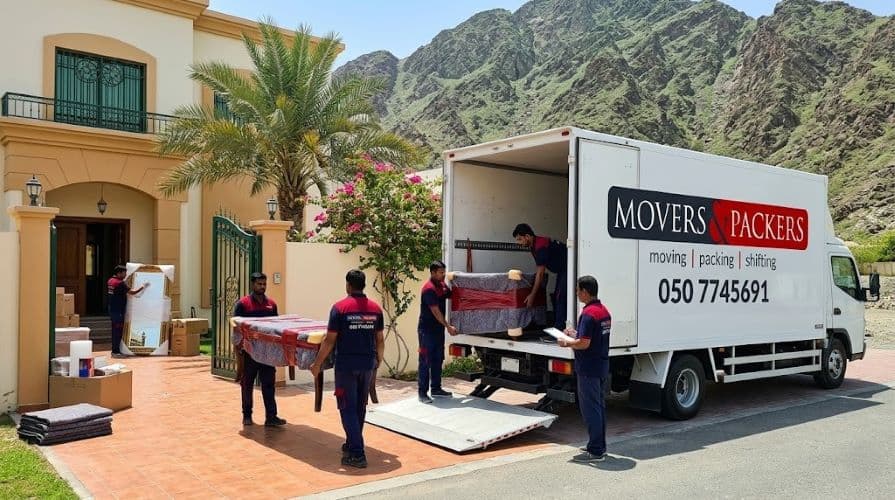 Movers and Packers in UAE team loading wrapped villa furniture into a fully enclosed branded moving truck outside a Fujairah villa with Hajar Mountains in the background