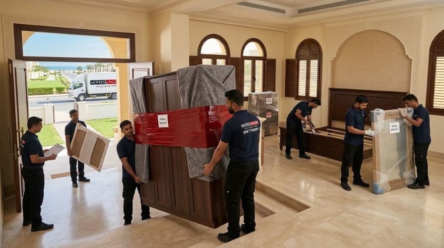 Movers and Packers in UAE team carrying a wrapped wardrobe downstairs and dismantling bedroom furniture during a large villa move in a Ras Al Khaimah gated community
