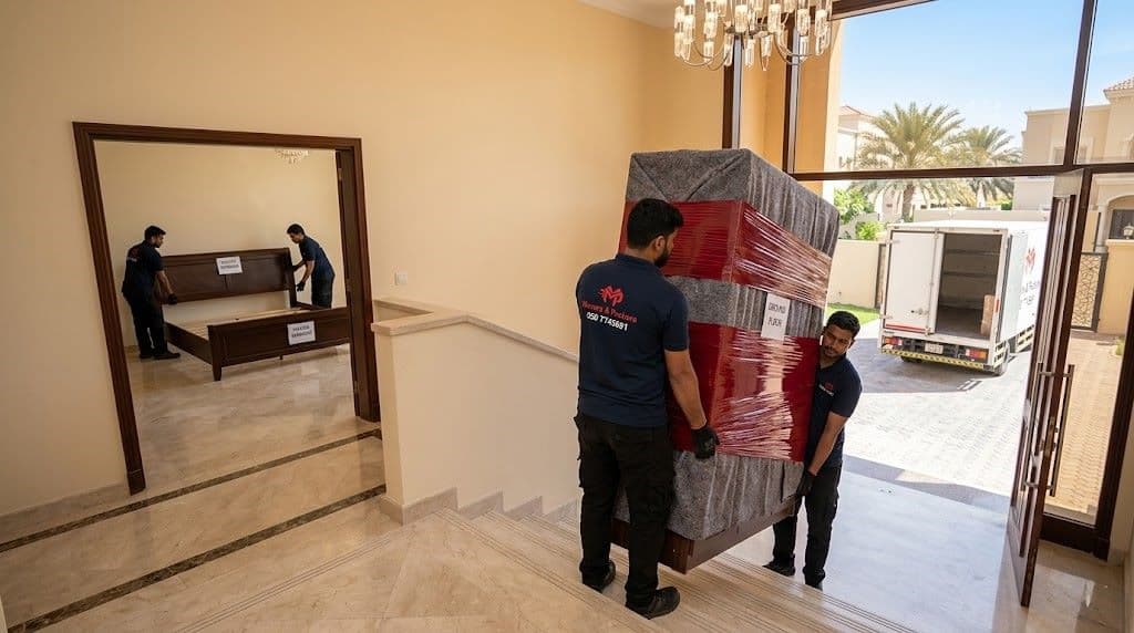 Movers & Packers team dismantling and relocating large villa furniture including a wardrobe and bed frame in Sharjah