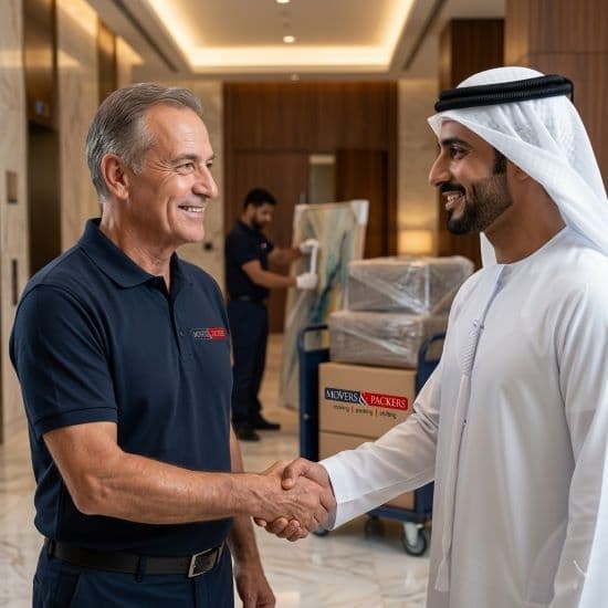 Movers & Packers team member shaking hands with a satisfied client at the entrance of a modern Dubai residential building