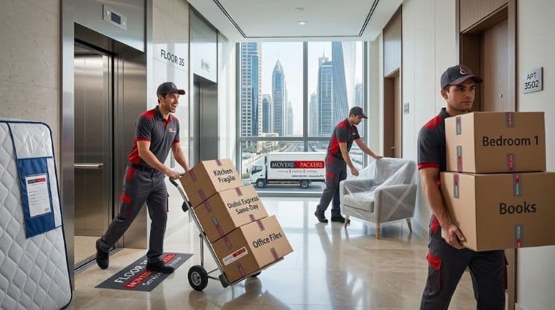 Apartment and flat shifting service in Dubai with movers carrying boxes in a high-rise building