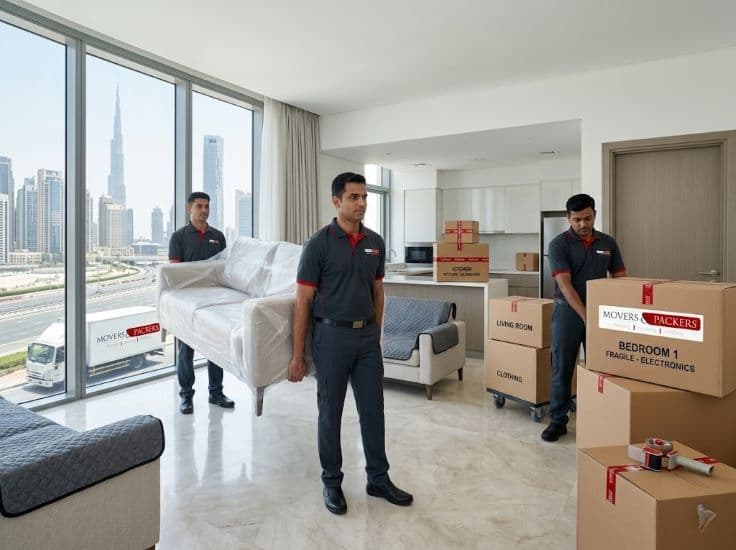 Apartment moving in Dubai with movers delivering and arranging furniture and boxes inside a modern apartment