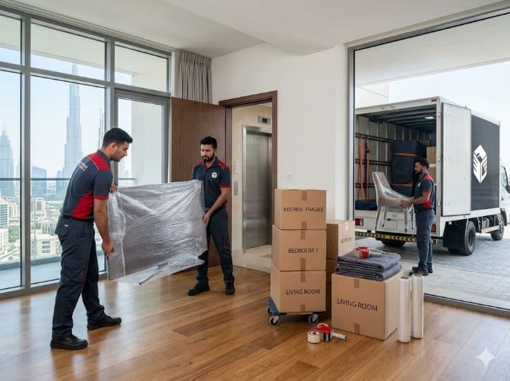 Apartment moving service in Dubai with professional movers loading furniture and boxes into a branded truck