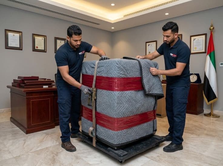 Movers & Packers team wrapping and securing a bank safe for relocation inside a Dubai bank office