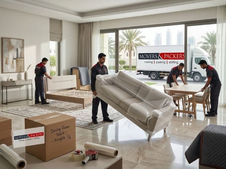 Furniture movers in UAE delivering and setting up furniture inside a modern home with professional workers