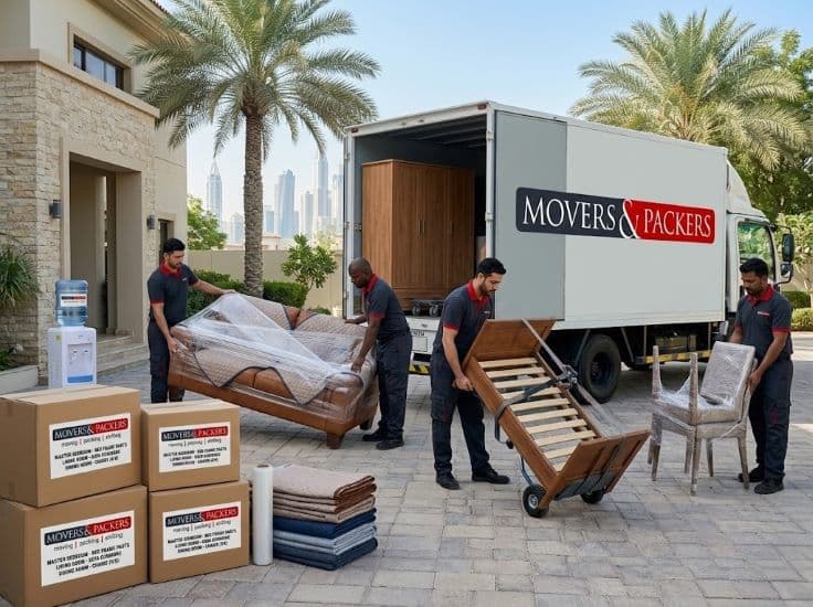Furniture movers in UAE carefully packing and loading sofas beds and other furniture into a branded moving truck
