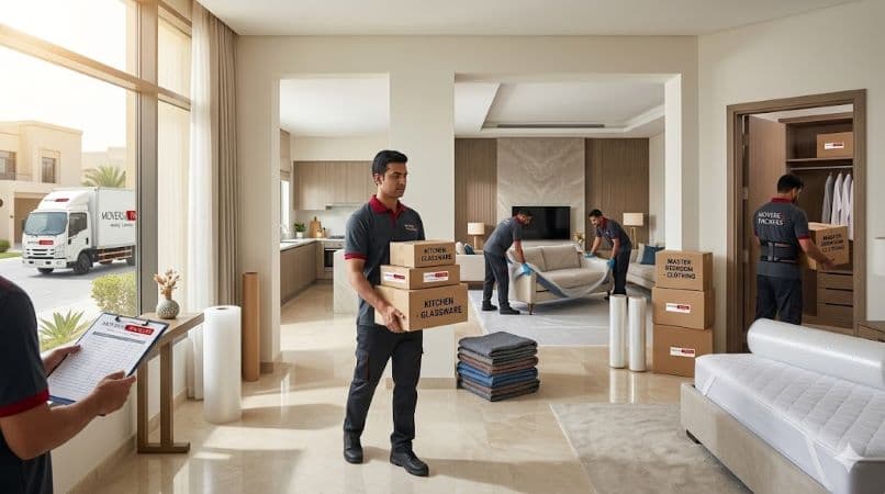 Home shifting service in Dubai with movers placing furniture and boxes in the correct rooms