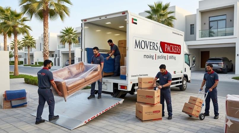 Branded house moving service in Dubai with movers packing and loading home furniture into a truck