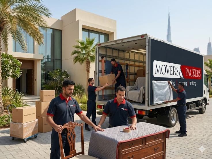 House shifting service in Dubai with professional movers loading furniture and boxes into a branded moving truck