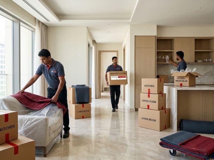 House shifting in Dubai with movers unloading and placing furniture and boxes inside a modern home