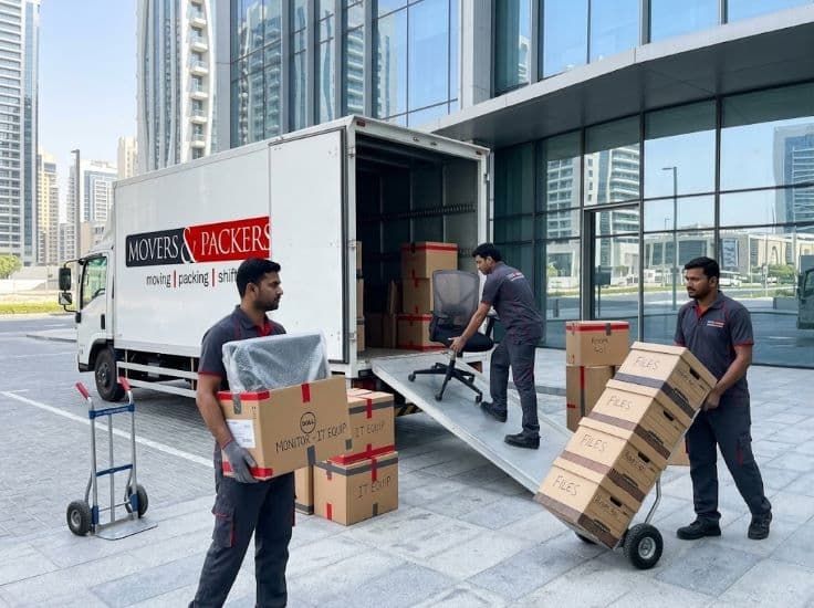Office movers in Dubai loading office furniture boxes and equipment into a branded moving truck