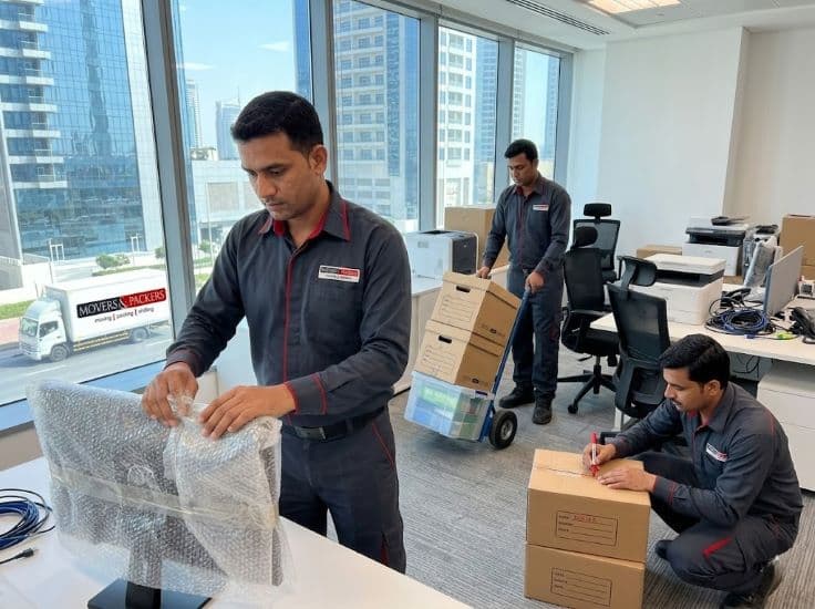 Office movers in Dubai packing IT equipment computers and office items safely during relocation