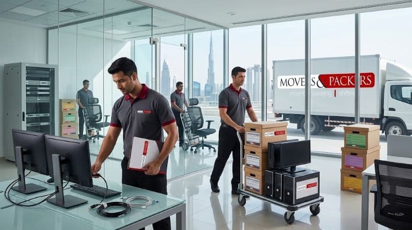 Office relocation service in Dubai with movers handling IT equipment and workstations carefully