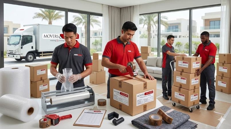 Packing services in Dubai with movers using bubble wrap boxes and protective materials