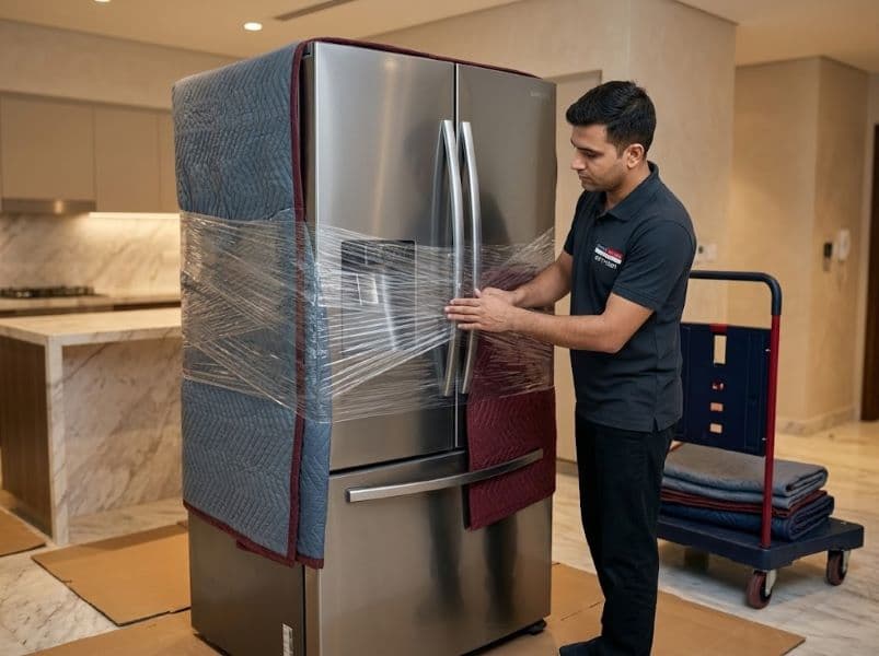 Movers & Packers professional carefully wrapping a refrigerator with protective blankets for single item move in Dubai