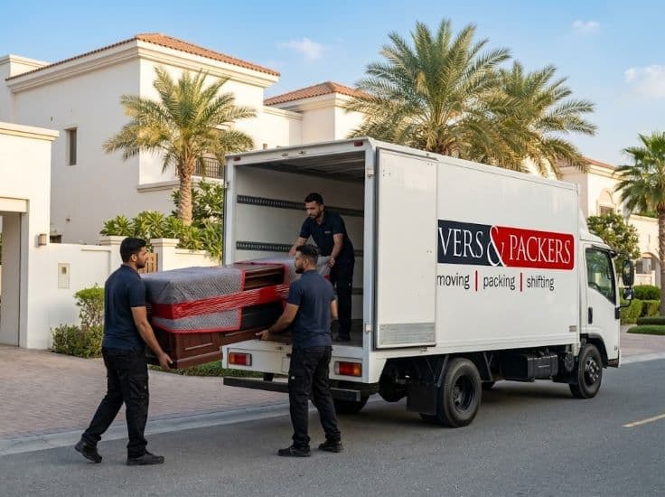 Movers & Packers team loading a single office desk into a branded moving van outside a Dubai villa