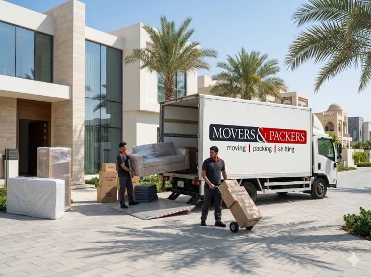 Villa moving service in Dubai with professional movers loading furniture and boxes into a branded truck