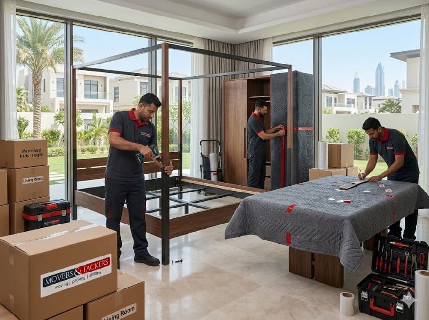 Villa moving in Dubai with movers dismantling and wrapping furniture inside a luxury home