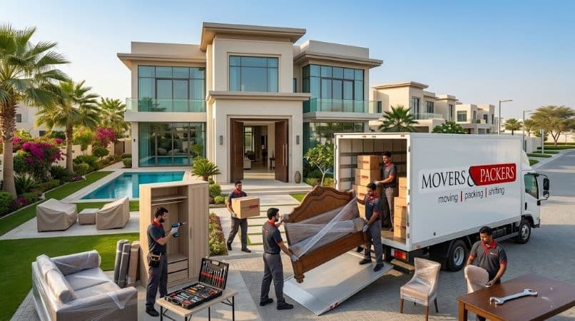 Luxury villa moving service in Dubai with professional movers dismantling and transporting furniture