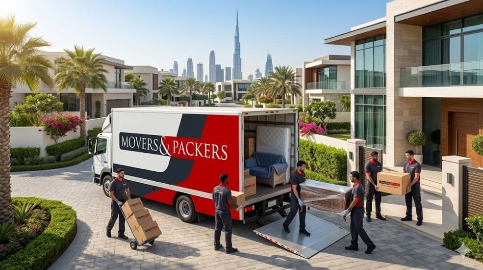 Branded villa moving service in Dubai with movers unloading furniture from a moving truck at a luxury villa