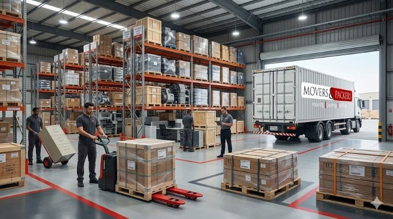 Warehouse moving service in Dubai with movers handling heavy goods and industrial shelving