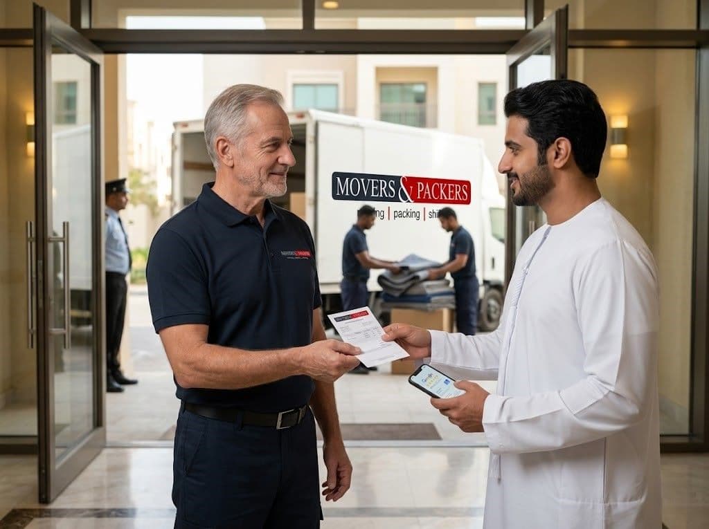 Satisfied UAE client receiving job completion receipt from experienced Movers & Packers team member outside a residential building after a successfully completed move