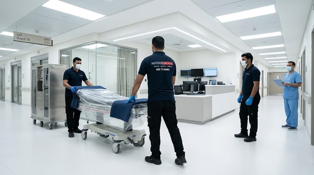 Professional hospital furniture movers in Dubai handling medical equipment and hospital beds with care