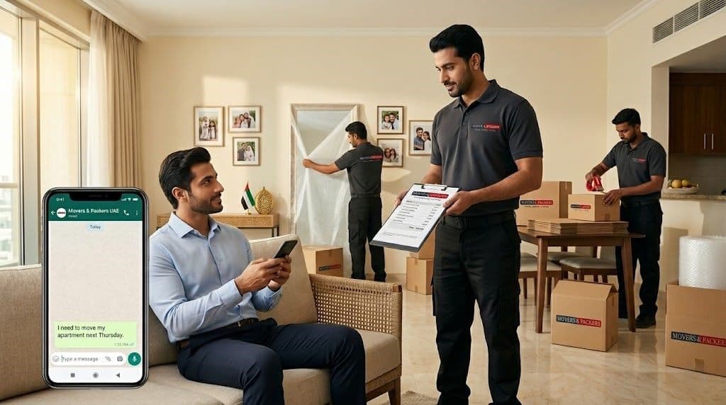 UAE resident booking Movers and packers in uae professional moving service via WhatsApp while the team arrives and begins the move in his apartment