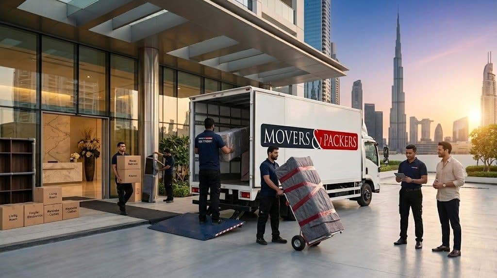 Movers and Packers in Dubai professional team loading wrapped furniture into a branded moving truck outside a luxury Dubai residential tower with the Burj Khalifa visible in the golden hour background