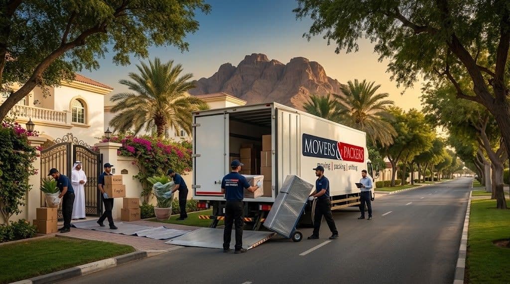 movers in al ain professional team loading wrapped furniture and boxes into a branded moving truck on a tree-lined Al Ain residential boulevard with Jebel Hafeet mountain in the background