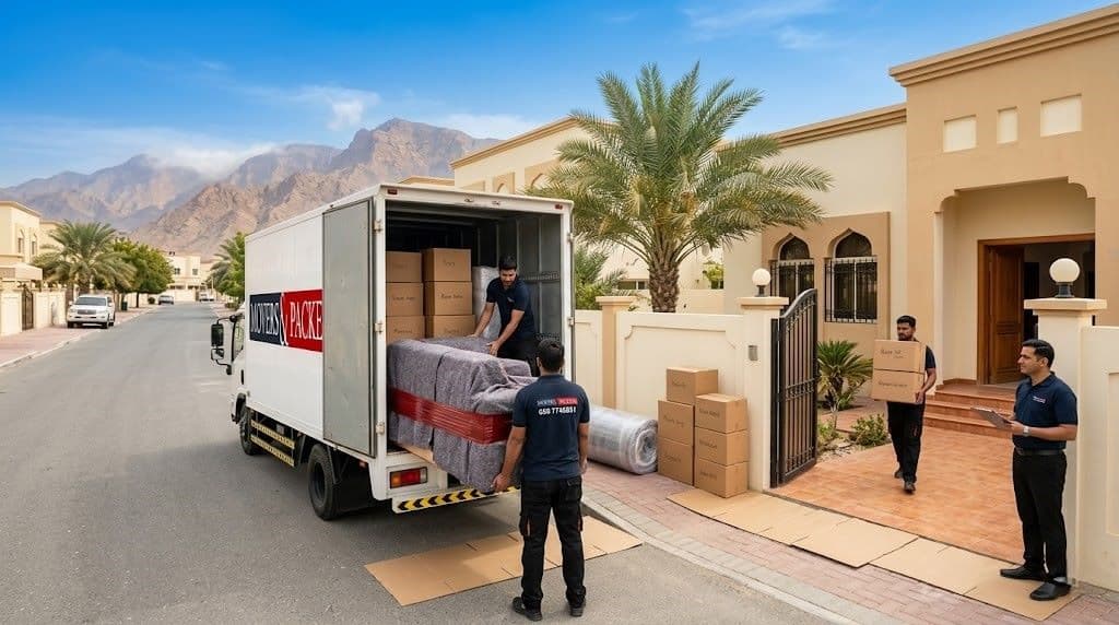 Movers in Ras Al Khaimah professional team loading wrapped furniture and boxes into a branded moving truck outside a residential villa in Ras Al Khaimah with the Hajar Mountains in the background
