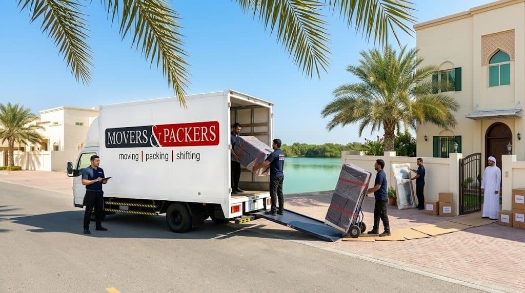 Movers and Packers in UAE professional team loading wrapped furniture and boxes into a branded enclosed moving truck outside a residential villa in Umm Al Quwain with the Khor Al Beidah lagoon visible in the background