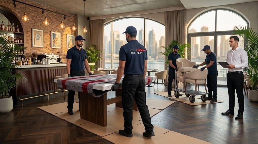 Movers and Packers in UAE professional team carefully relocating a marble dining table and chairs inside a modern upscale Dubai restaurant