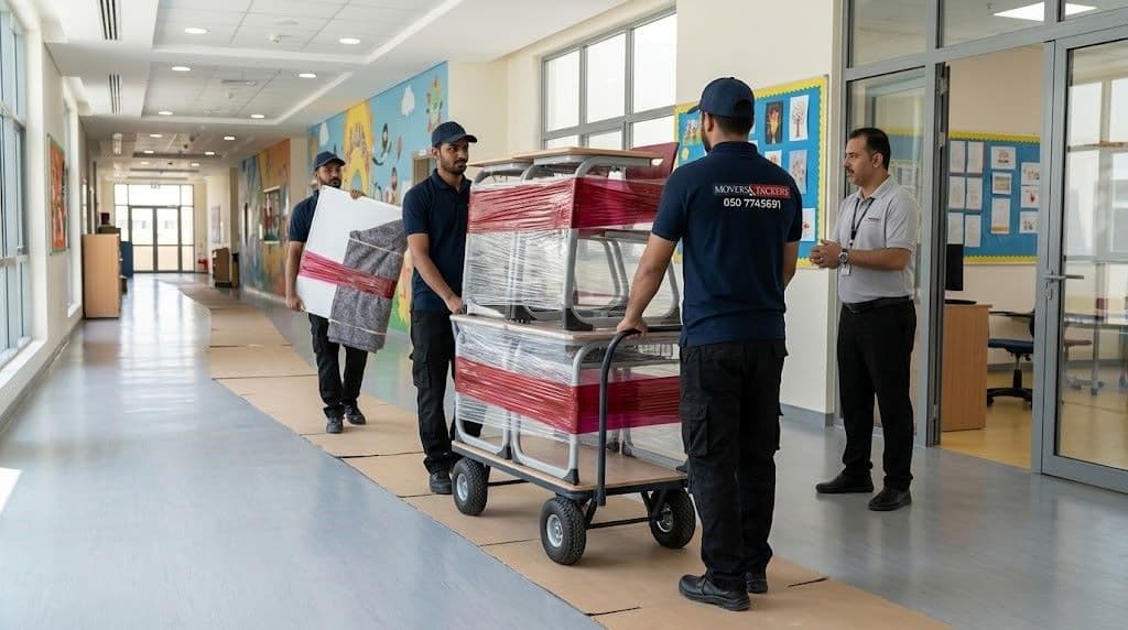 Movers and Packers in UAE professional team relocating student desks and a whiteboard through a modern UAE school corridor during an educational institution move