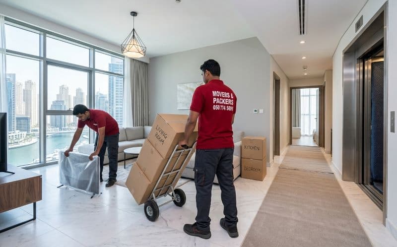 Professional apartment movers loading boxes in a high-floor Dubai Marina apartment with marina canal views through floor-to-ceiling windows