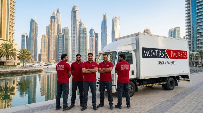 Movers and Packers UAE professional moving team in branded uniforms standing with truck at Dubai Marina waterfront promenade