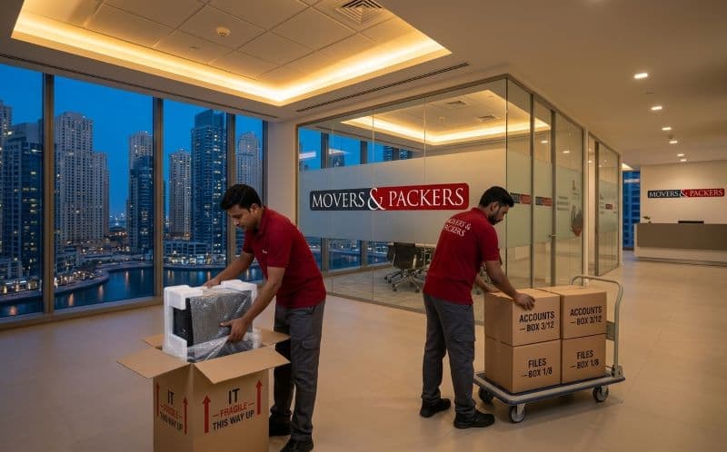 Professional office movers handling commercial relocation after hours in a Dubai Marina tower office with city skyline views at dusk