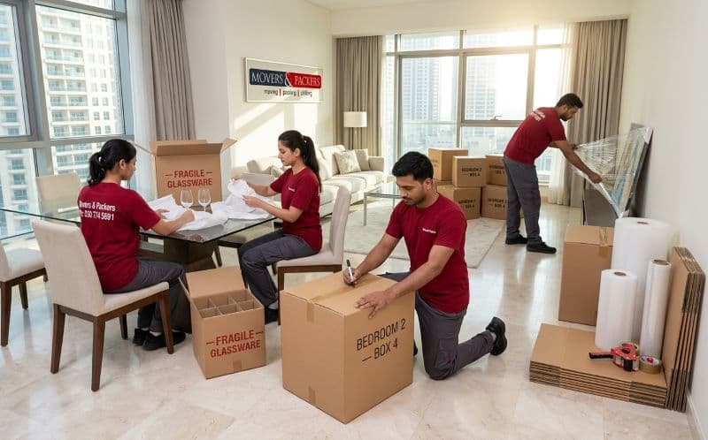 Professional packing team wrapping fragile items and sealing labeled boxes in a Dubai Marina apartment ready for relocation