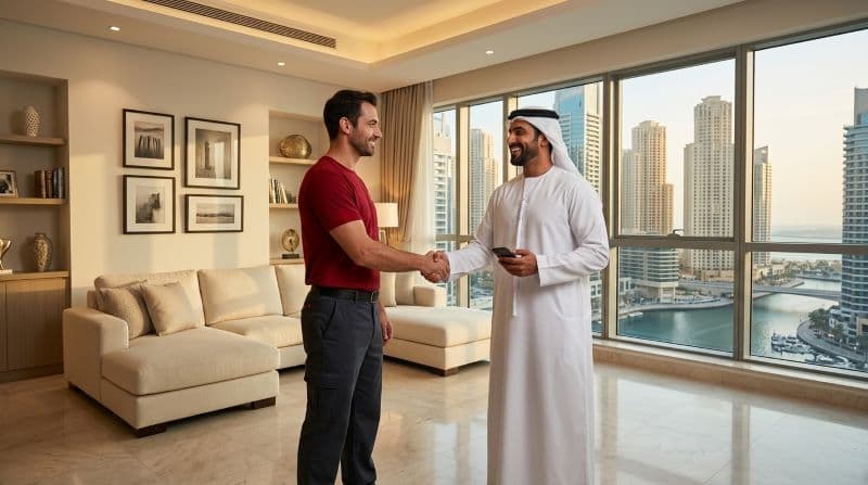 Satisfied Dubai Marina resident shaking hands with Movers and Packers UAE mover after a completed apartment move, pay after satisfaction