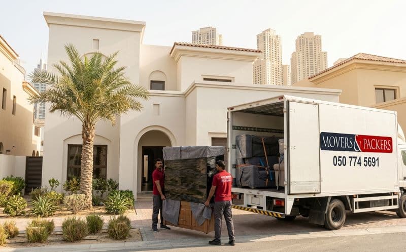 Professional Movers and Packers team handling villa furniture relocation at a Dubai Marina townhouse with branded truck in driveway
